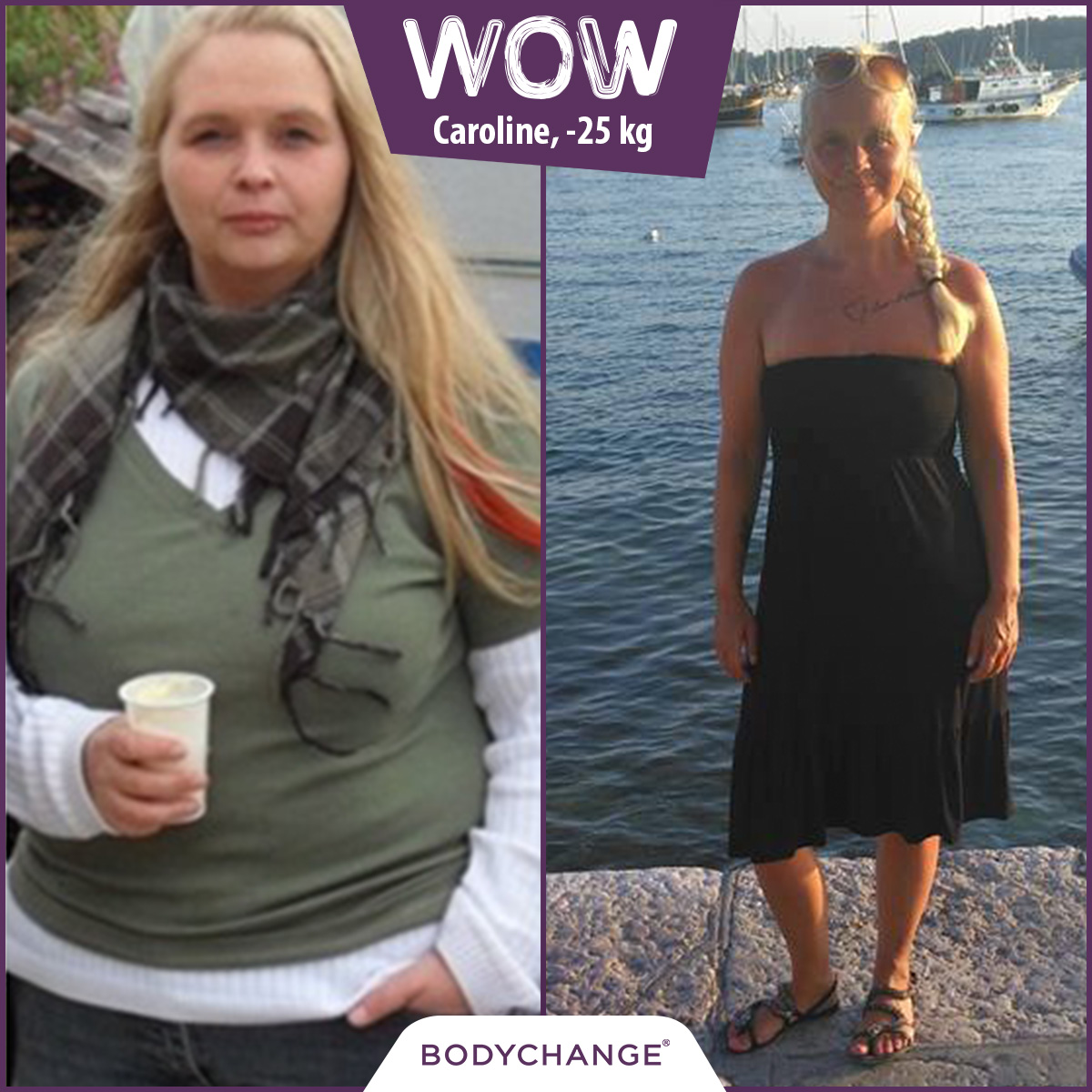 caroline vor BodyChange und danach im sommerlichen Kleid auf einem Steg